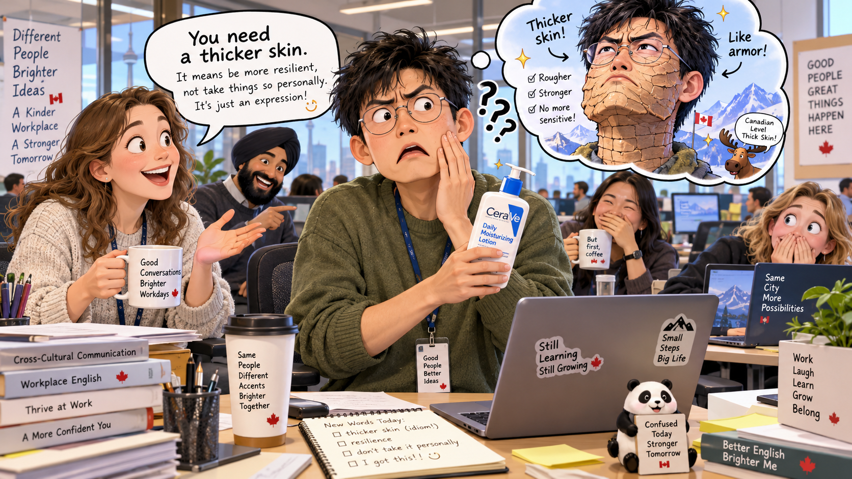 美剧学英语:thick skin - 加拿大办公室同事说我“皮太薄”,我当场摸了摸自己的脸……