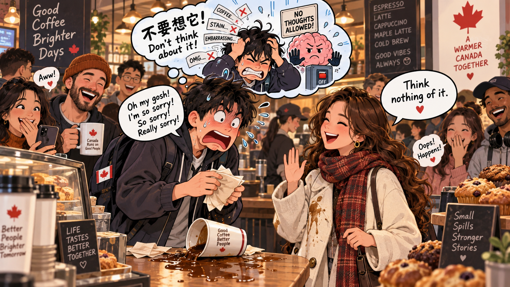 美剧学英语:think nothing of it - 加拿大咖啡店里,对方说“think nothing of it”,我真的开始强迫自己别想了