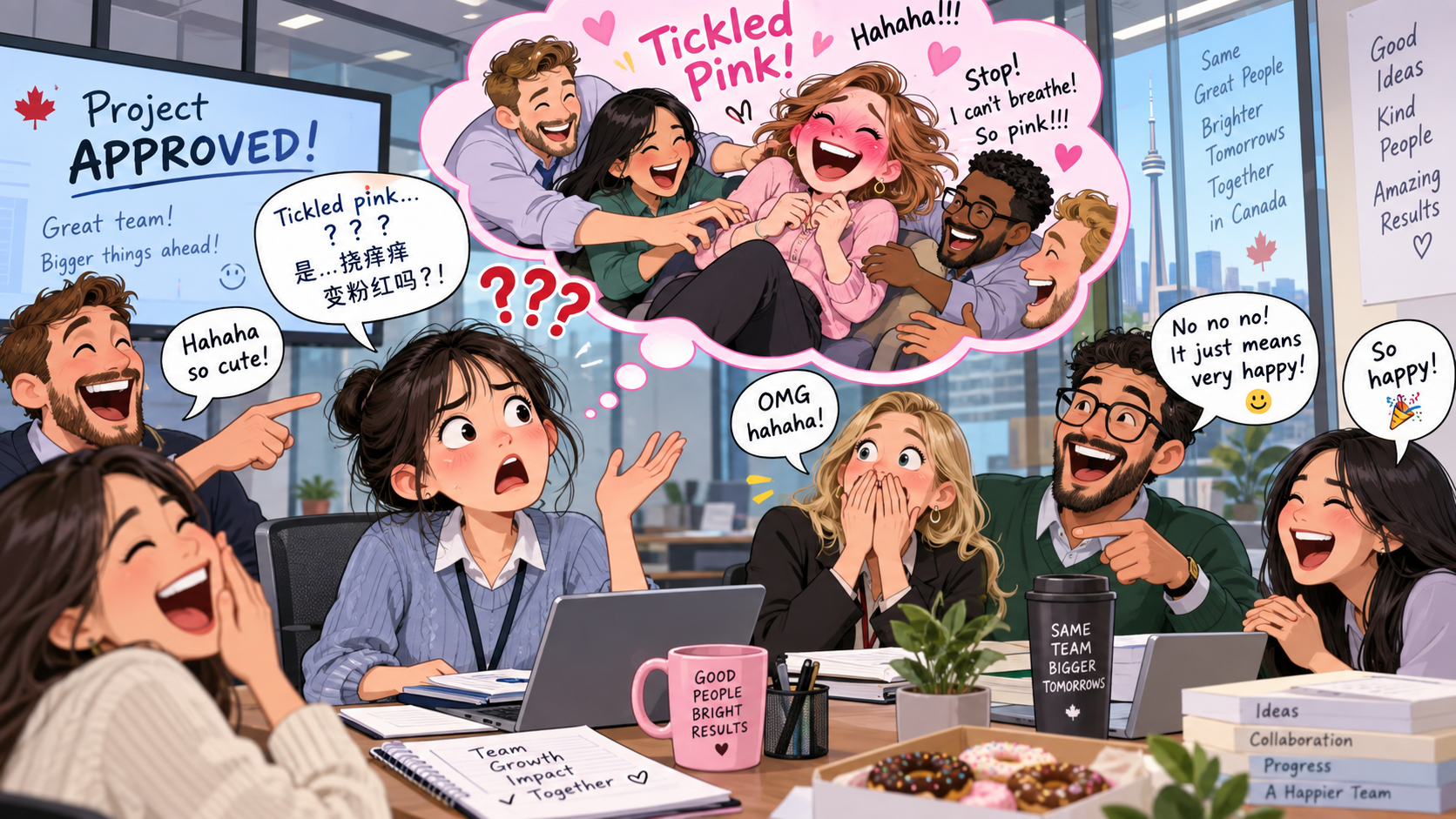 美剧学英语:tickled pink - 加拿大办公室同事说“tickled pink”,我下意识问:谁挠她了?