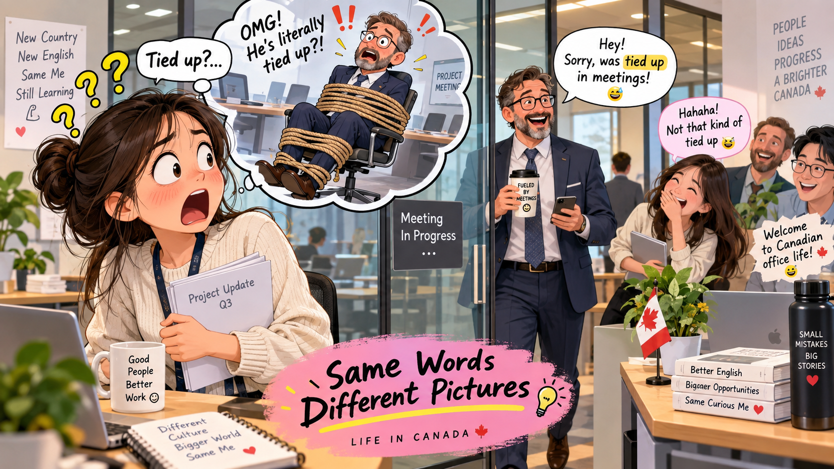 美剧学英语:tied up - 加拿大办公室里同事说“I'm tied up”,我差点问:要不要报警?