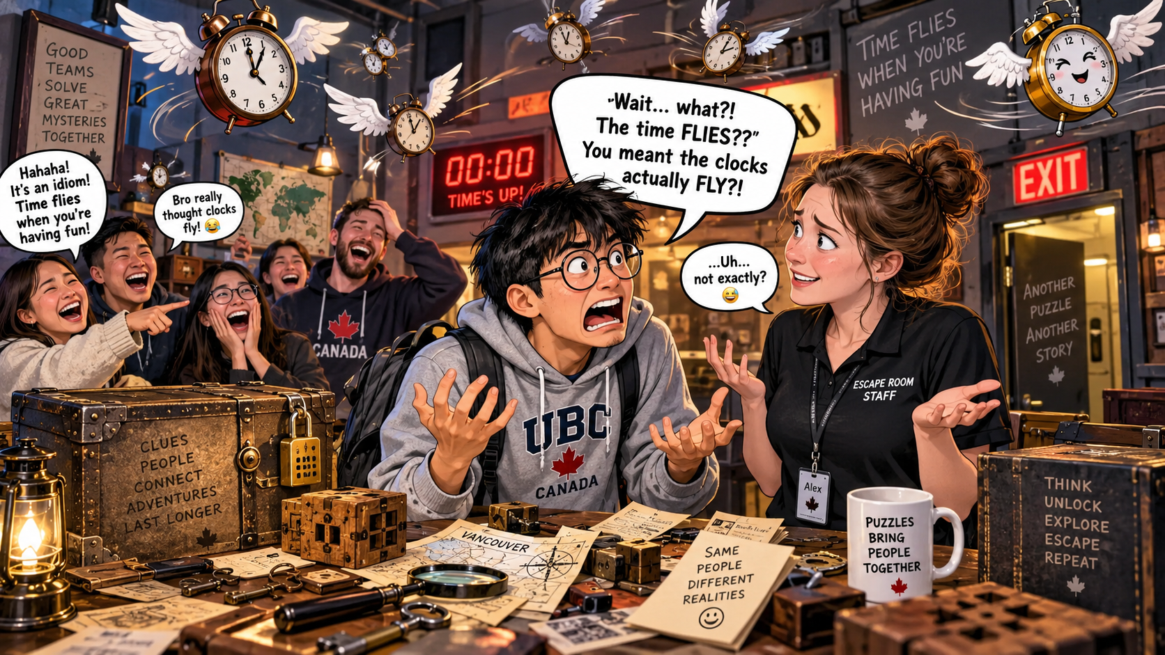 美剧学英语：time flies when you're having fun - 加拿大密室逃脱结束后，朋友说“time flies”，我跑去问工作人员计时器是不是调快了……