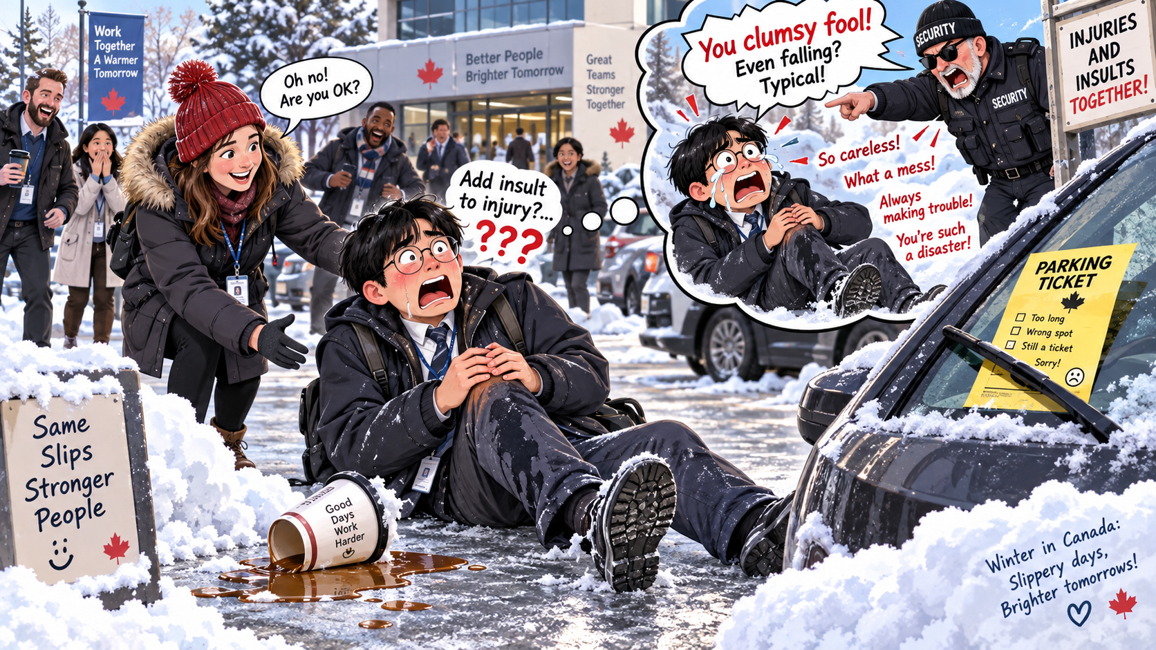 美剧学英语：to add insult to injury - 加拿大停车场摔了一跤，同事说“to add insult to injury”，我以为保安还骂了我……