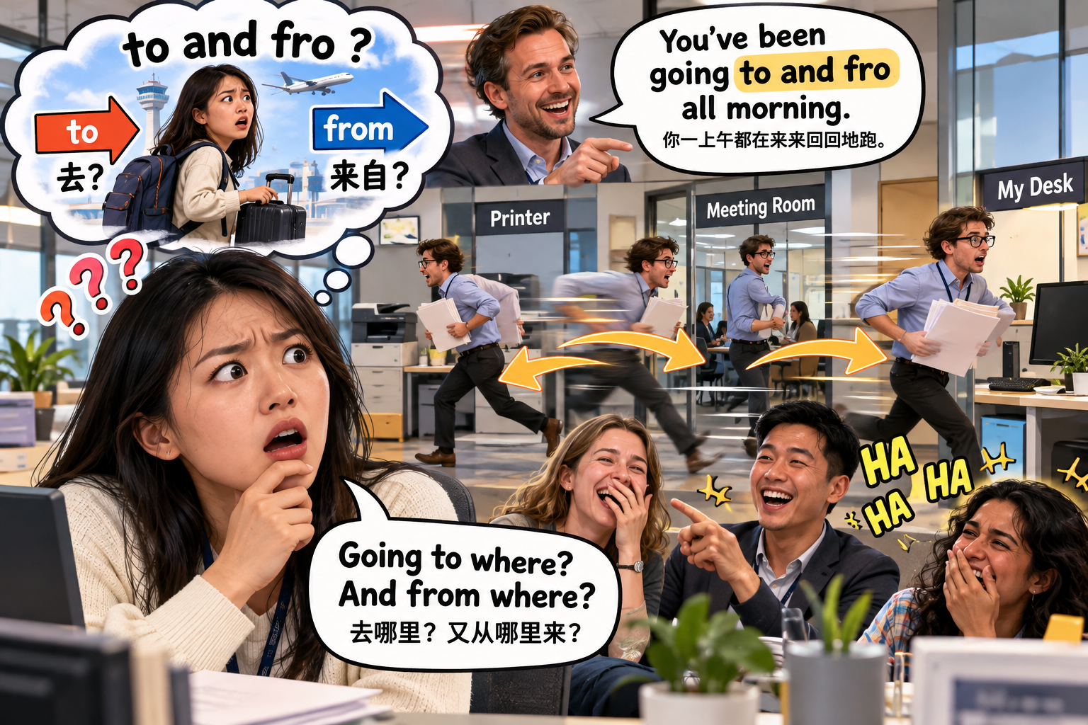 美剧学英语：to and fro - 加拿大办公室里，同事说他一直 to and fro，我还以为他在说“去和来自”