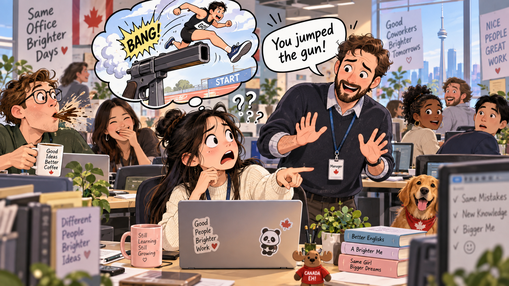 美剧学英语：to jump the gun - 加拿大办公室群发邮件后，老板说我“jumped the gun”，我下意识问：哪儿有枪？