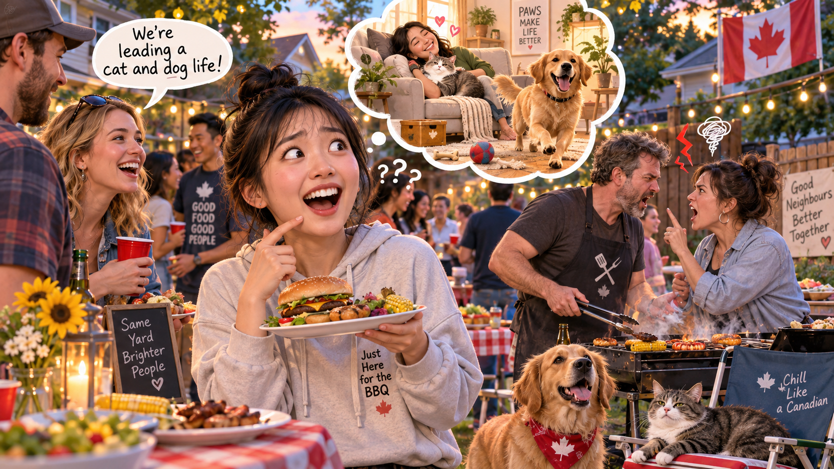 美剧学英语：to lead a cat and dog life - 加拿大社区烧烤，邻居说他们过着“cat and dog life”，我竟然开始聊宠物