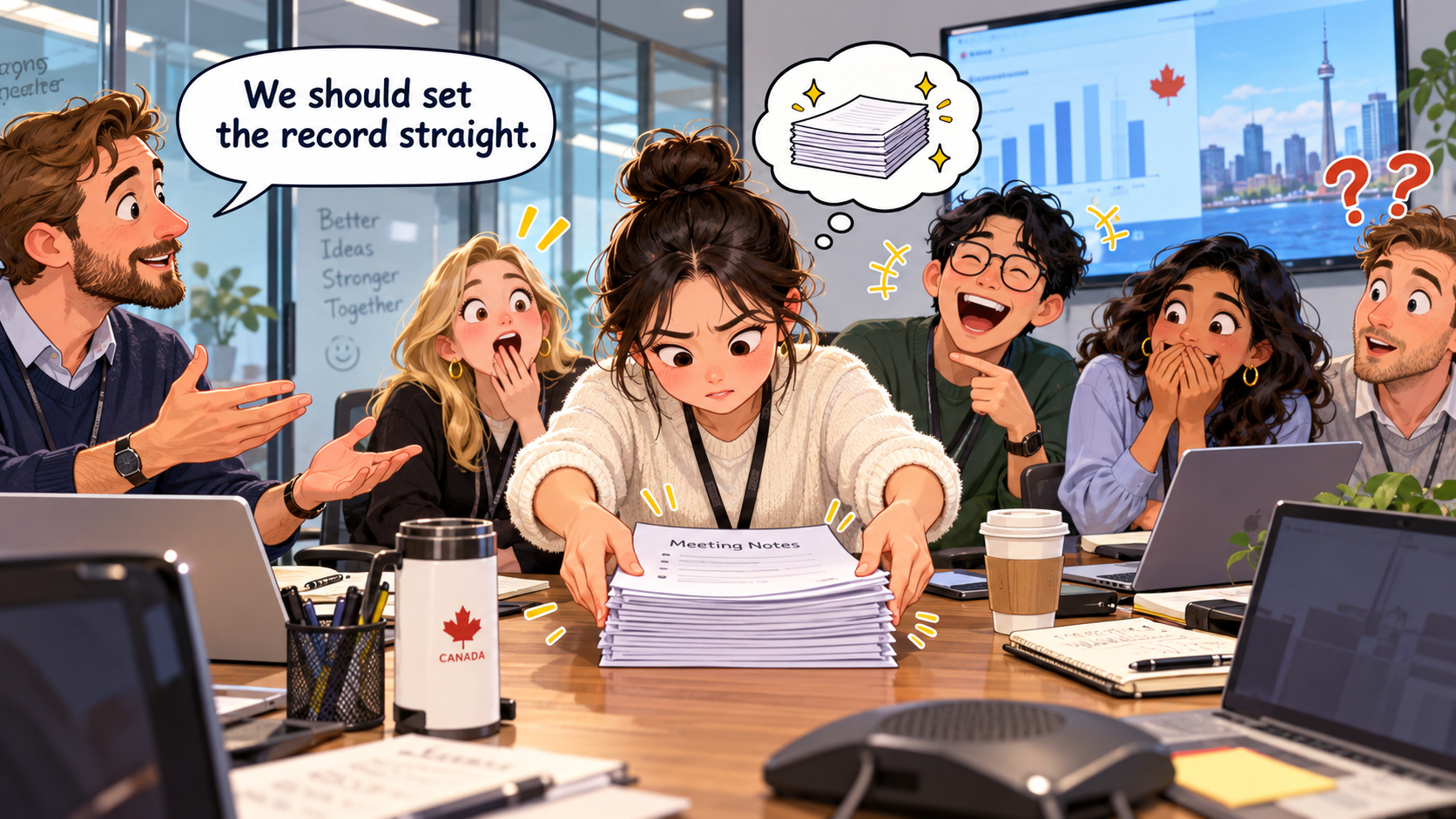 美剧说英语:to set the record straight - 加拿大办公室里,同事说“set the record straight”,我默默把会议记录摆正了……