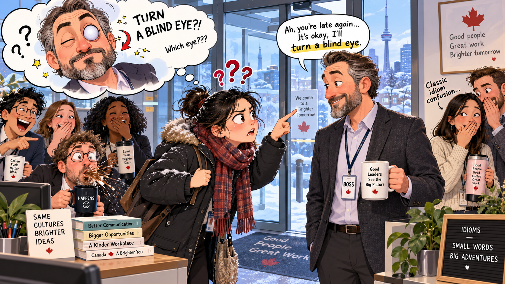 美剧学英语：turn a blind eye - 加拿大办公室迟到10分钟，老板说“turn a blind eye”，我盯着他的眼睛看了半天……