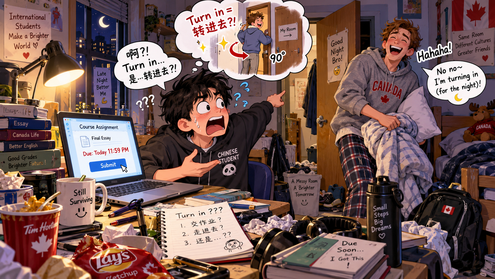 美剧学英语:turn in - 加拿大宿舍里室友说“turn in”,我站在门口等他转进去……