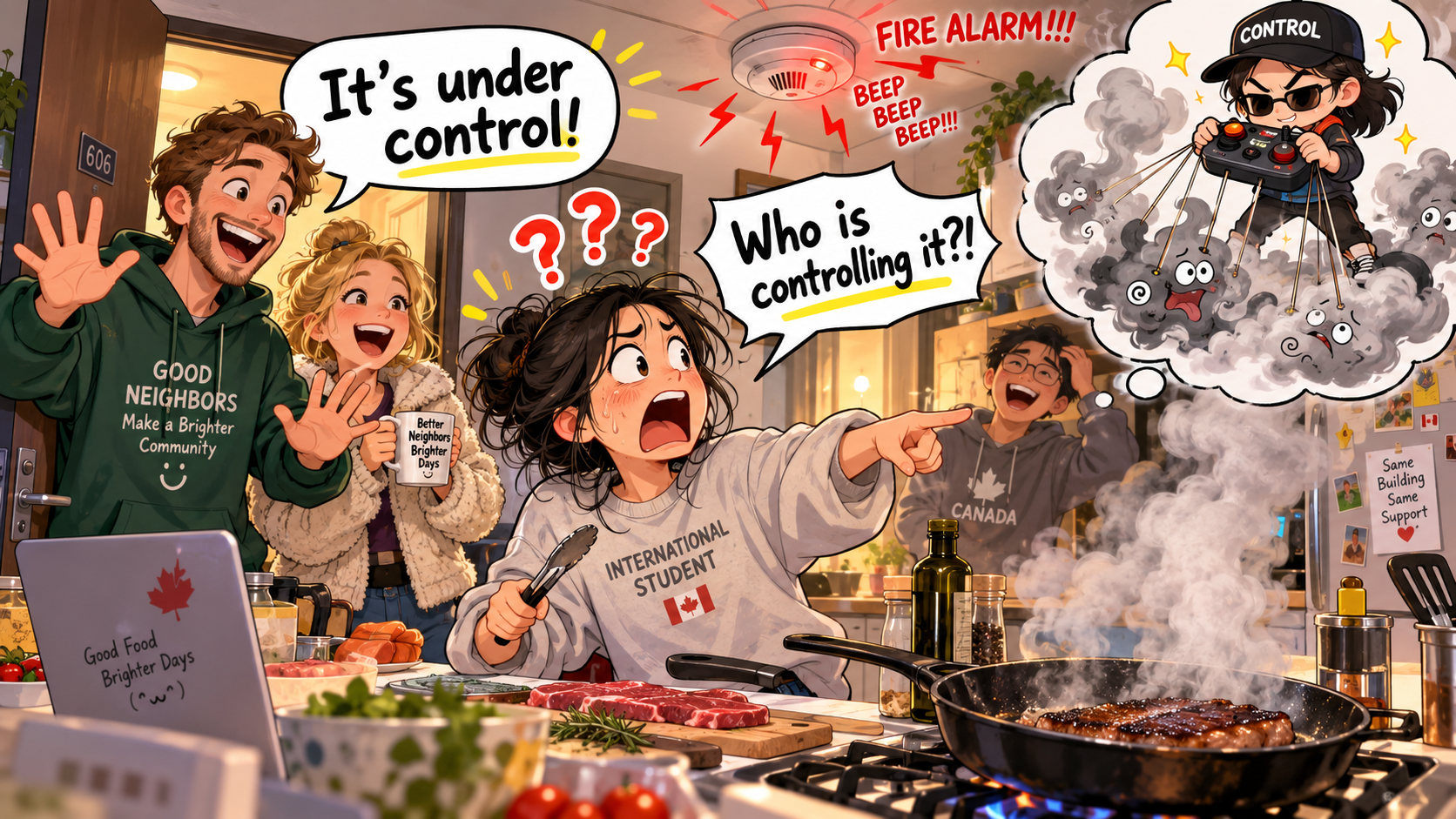 美剧学英语:under control - 加拿大公寓厨房冒烟,邻居说“under control”,我居然问:谁在控制它?
