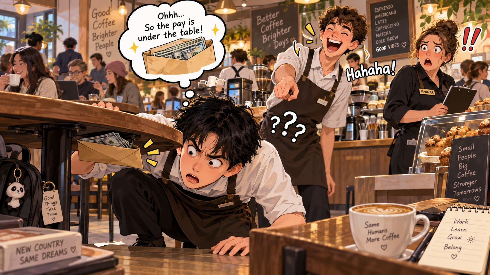 美剧学英语:under the table - 加拿大咖啡店兼职:同事说工资“under the table”,我真的低头找桌子了……