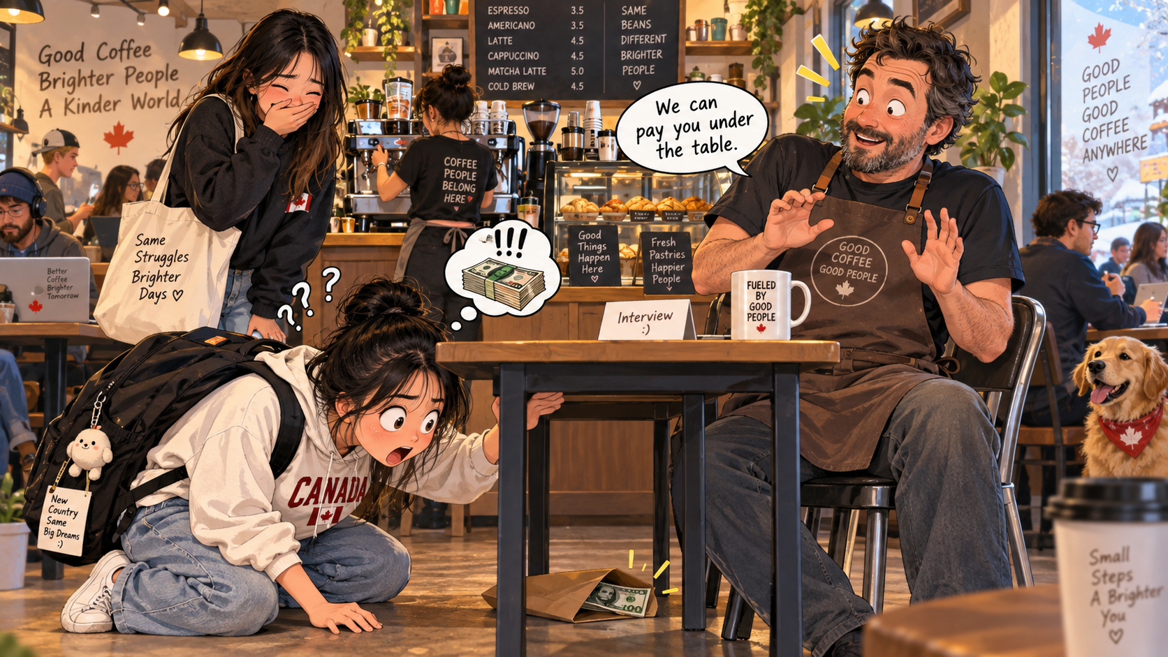 美剧学英语：under the table - 加拿大咖啡店老板说“pay you under the table”，我真的低头看了桌底……