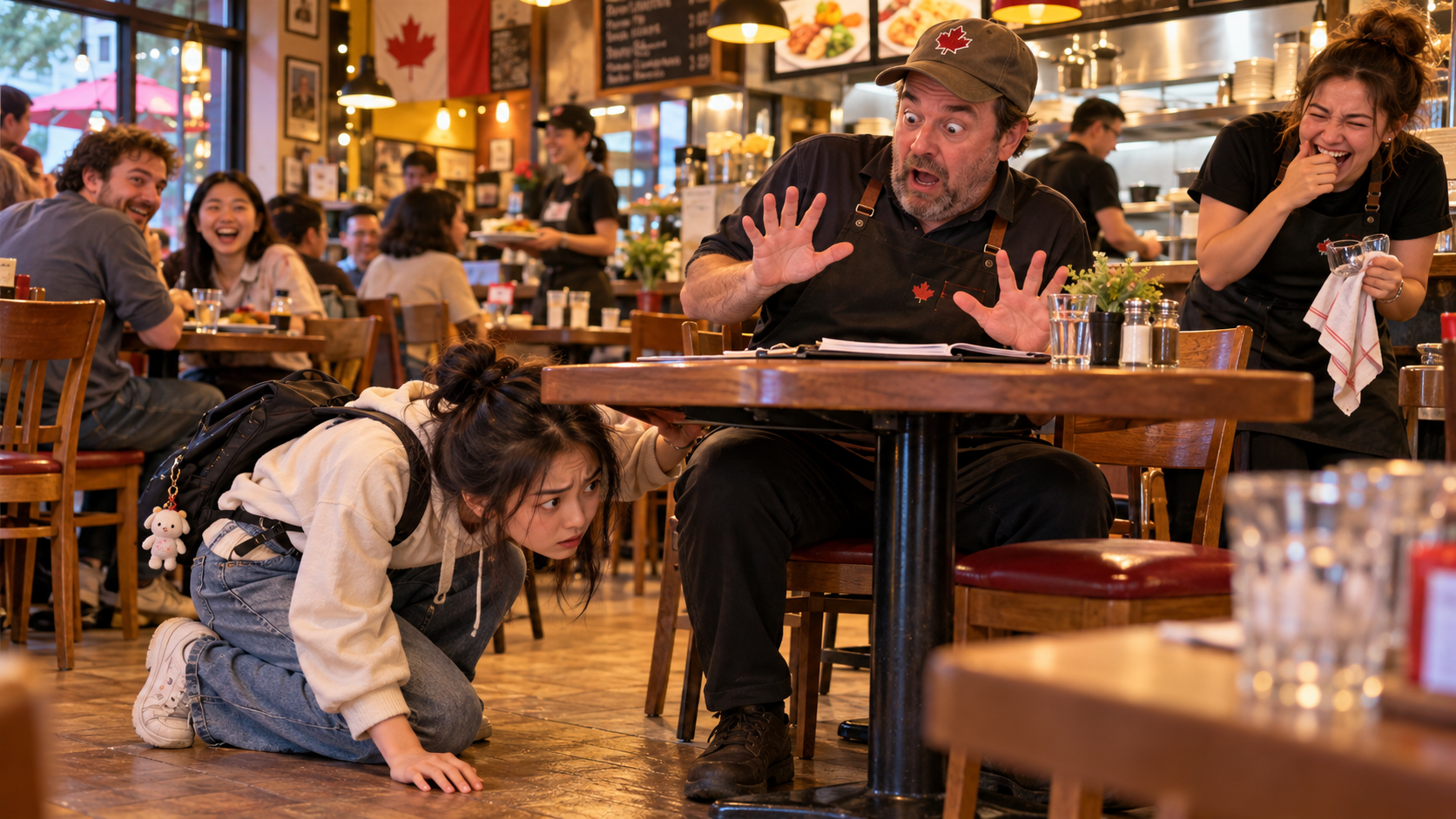 美剧学英语:under the table - 加拿大餐馆老板说“under the table”,我真的低头看了桌子底下……