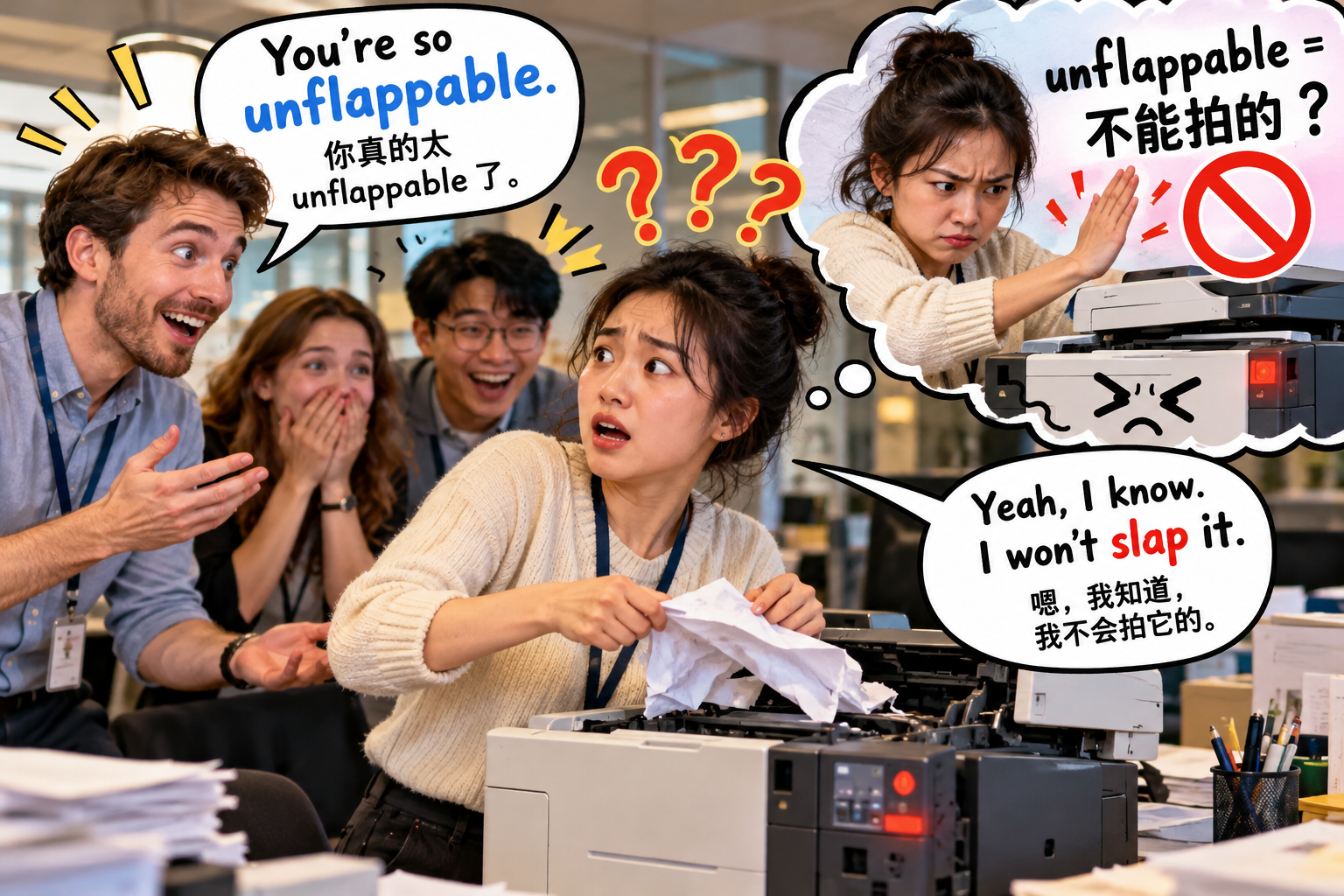 美剧说英语：unflappable - 加拿大办公室打印机卡纸，同事说我“unflappable”，我以为他在提醒我别拍机器