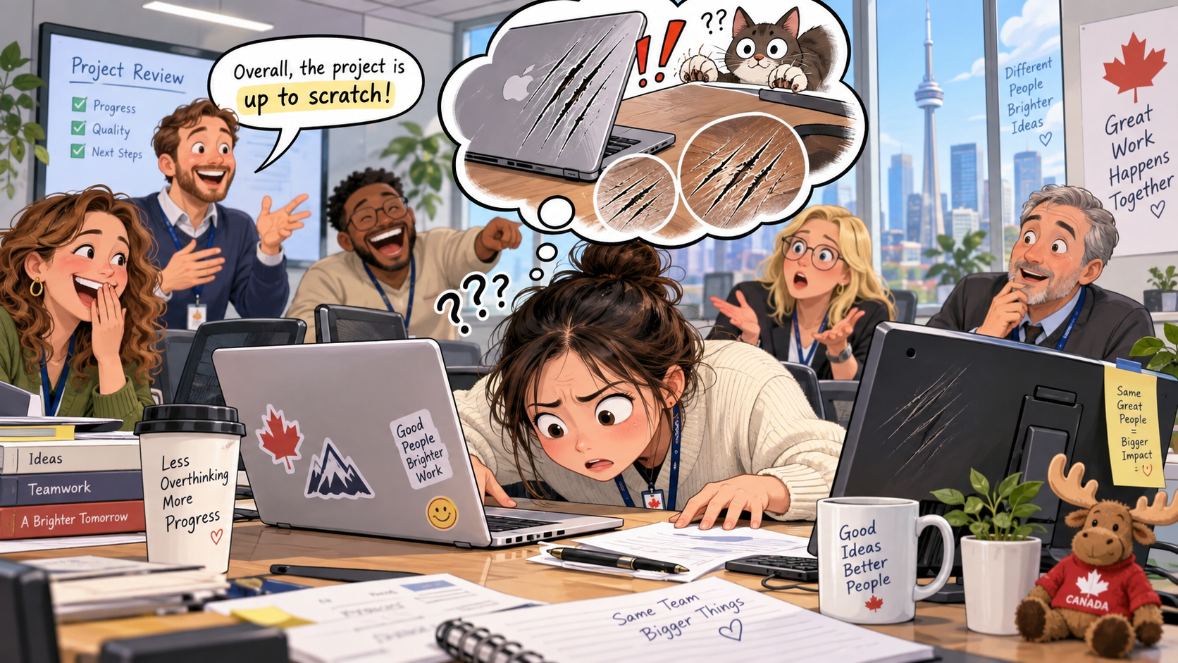 美剧学英语:up to scratch - 加拿大办公室绩效面谈,同事说我“up to scratch”,我低头找了半天抓痕