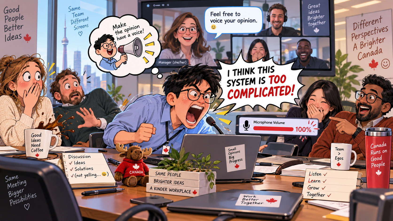 美剧学英语：voice an opinion - 加拿大办公室周会，同事让我“voice your opinion”，我默默把麦克风音量调到了100