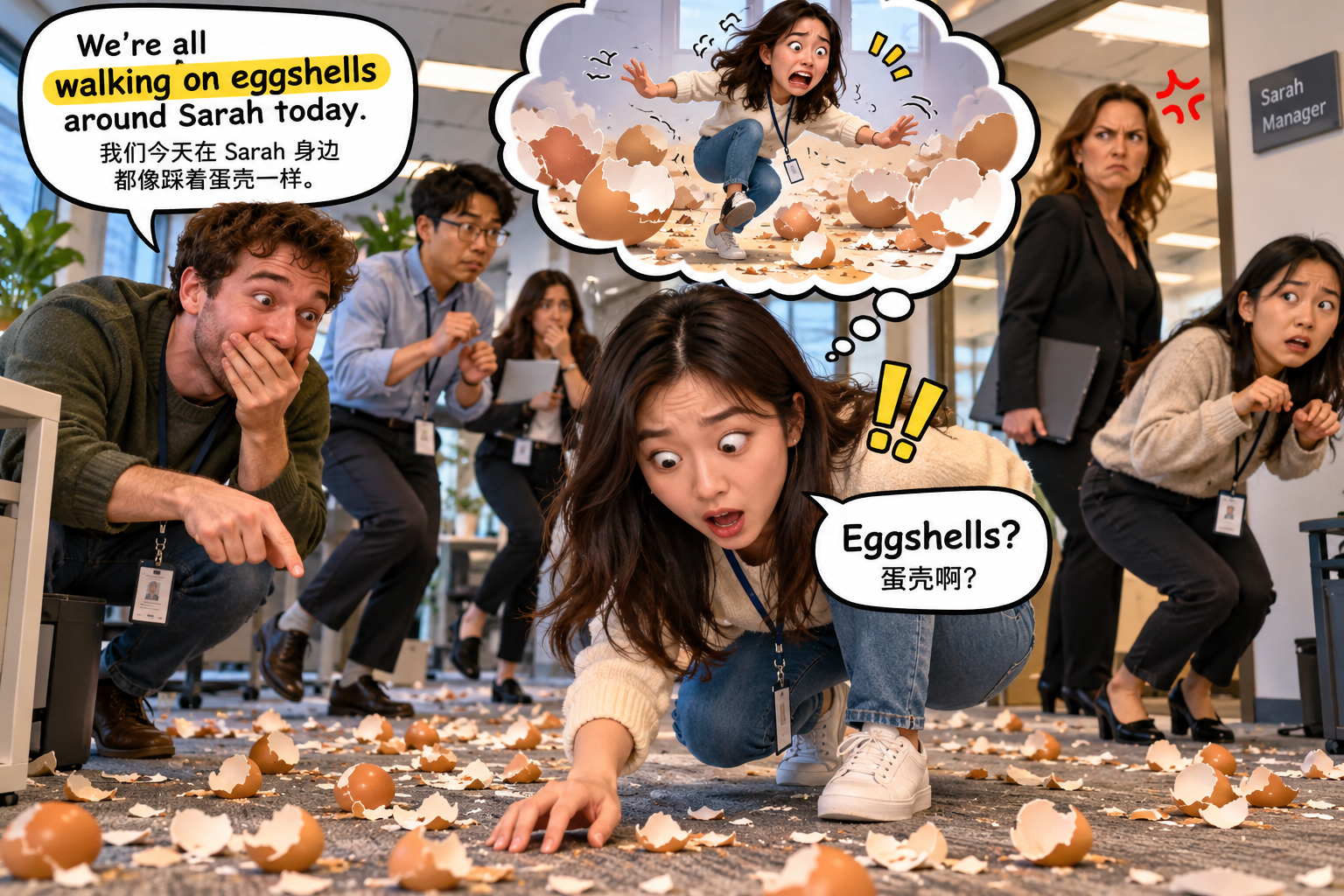 美剧学英语：walk on eggshells - 加拿大办公室里，同事说“walk on eggshells”，我低头看了半天地板