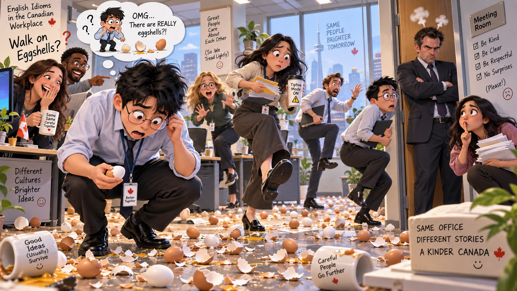 美剧学英语：walk on eggshells - 加拿大办公室同事说大家都在“踩蛋壳”，我低头找了半天地板……