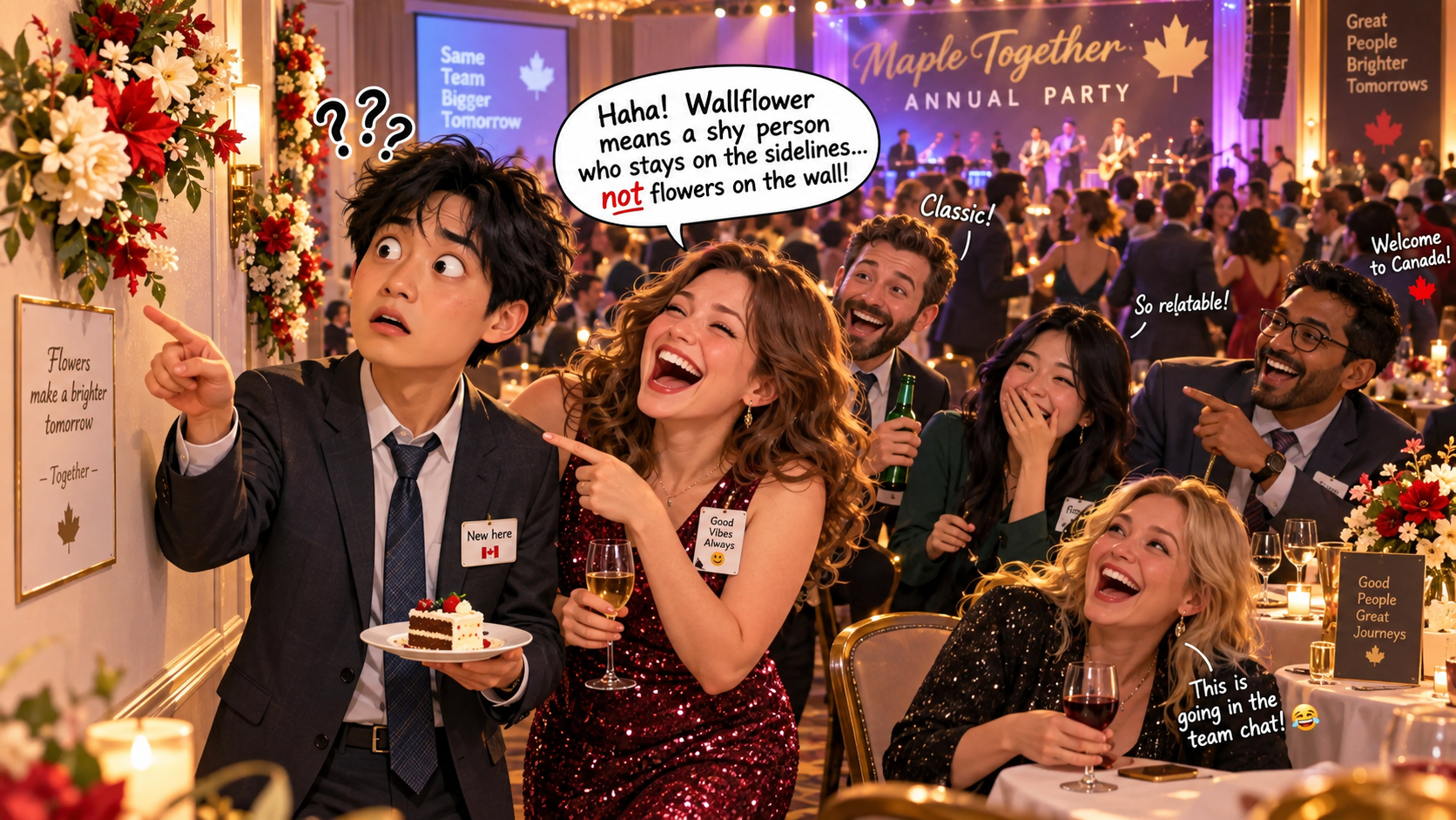 美剧学英语:wallflower - 加拿大公司年会,同事说“别当wallflower”,我真的去找墙上的花了