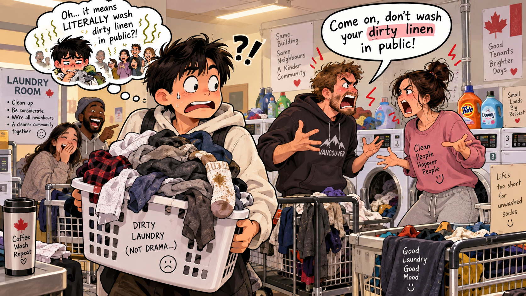美剧学英语:wash dirty linen in public - 加拿大公寓洗衣房:室友说“别在公共场合洗脏衣服”,我抱着洗衣篮又回家了