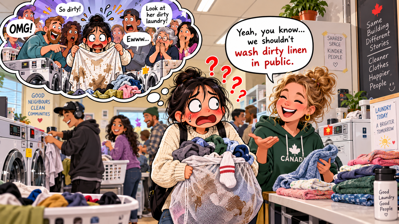 美剧说英语：wash dirty linen in public - 加拿大公寓洗衣房里，同事说“wash dirty linen in public”，我赶紧把脏衣服藏起来……
