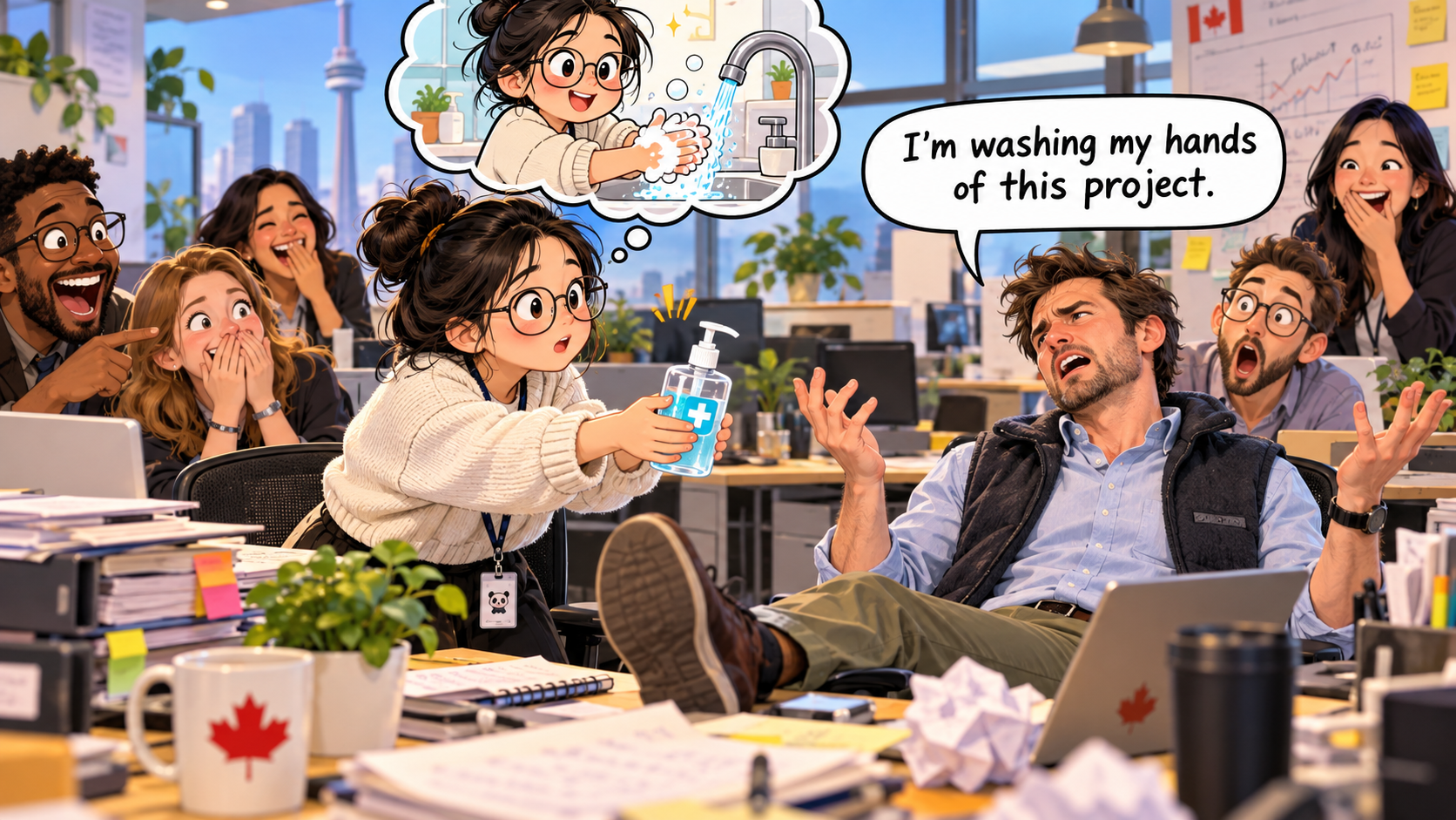 美剧学英语：wash one's hands of - 加拿大办公室同事说“I’m washing my hands of this”，我还贴心递了洗手液……