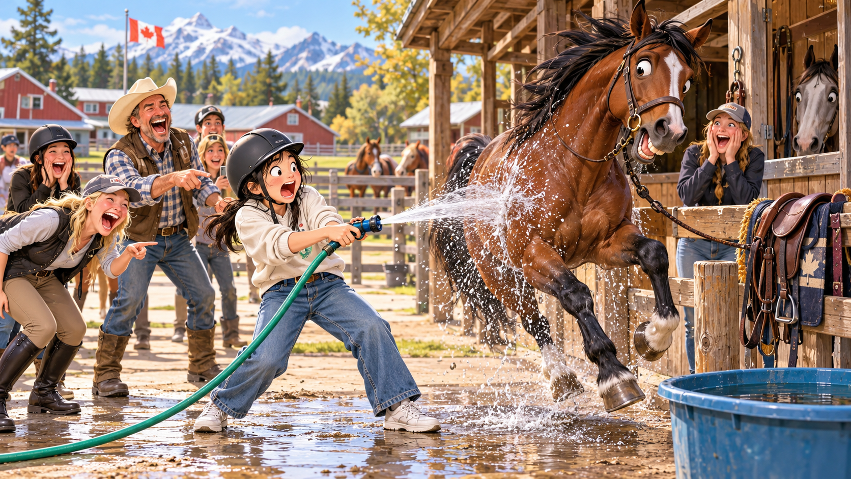 美剧学英语：water the horse - 加拿大农场主人让我“water the horse”，我拿起水管就往马身上冲……