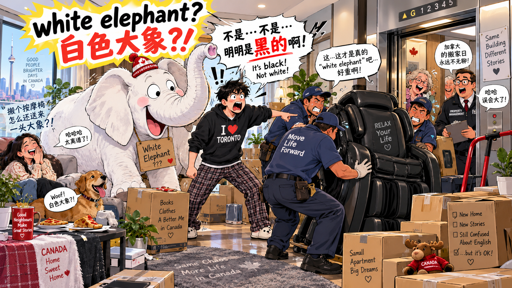 美剧学英语：white elephant - 加拿大公寓搬家，师傅说我的按摩椅是“white elephant”，我还纠正他：明明是黑的