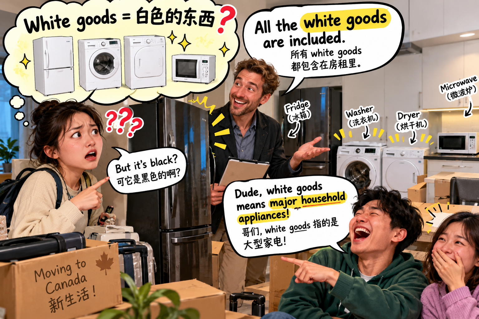 美剧说英语:white goods - 加拿大租房,房东说家电是“white goods”,我差点把黑色冰箱搬走……