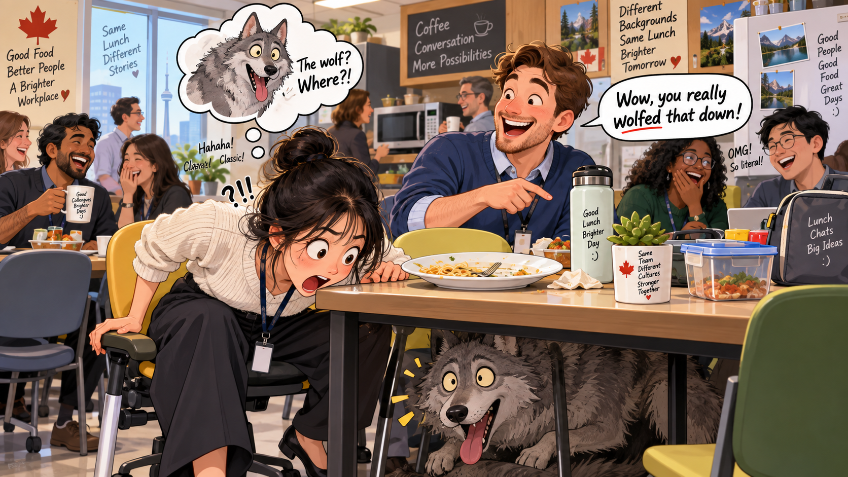 美剧学英语:wolf down - 加拿大办公室午餐,同事说“You wolfed that down”,我下意识往桌子底下找狼……