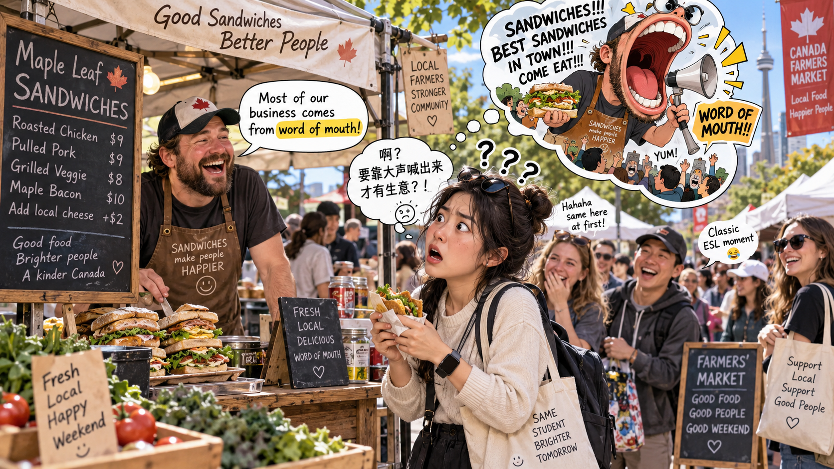 美剧学英语:word of mouth - 加拿大周末市集老板说生意靠“word of mouth”,我差点问他喇叭放哪儿……