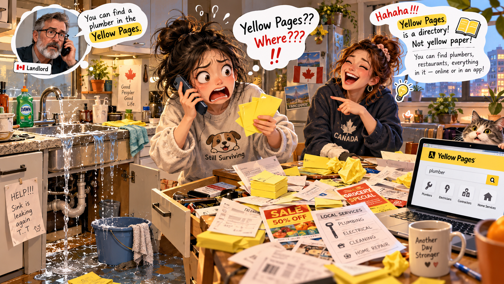 美剧学英语：yellow page - 加拿大公寓水管漏了，房东让我找“yellow pages”，我真的开始找黄色的纸……