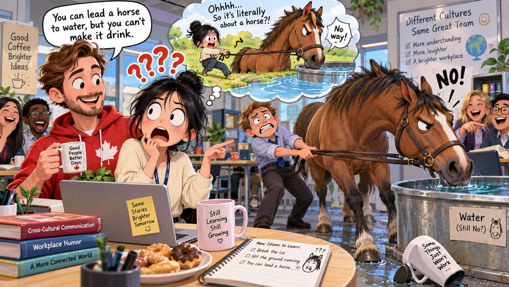 美剧学英语：you can lead a horse to water but you can't make it drink - 加拿大办公室带新人，我听到“把马领到水边”后开始找马