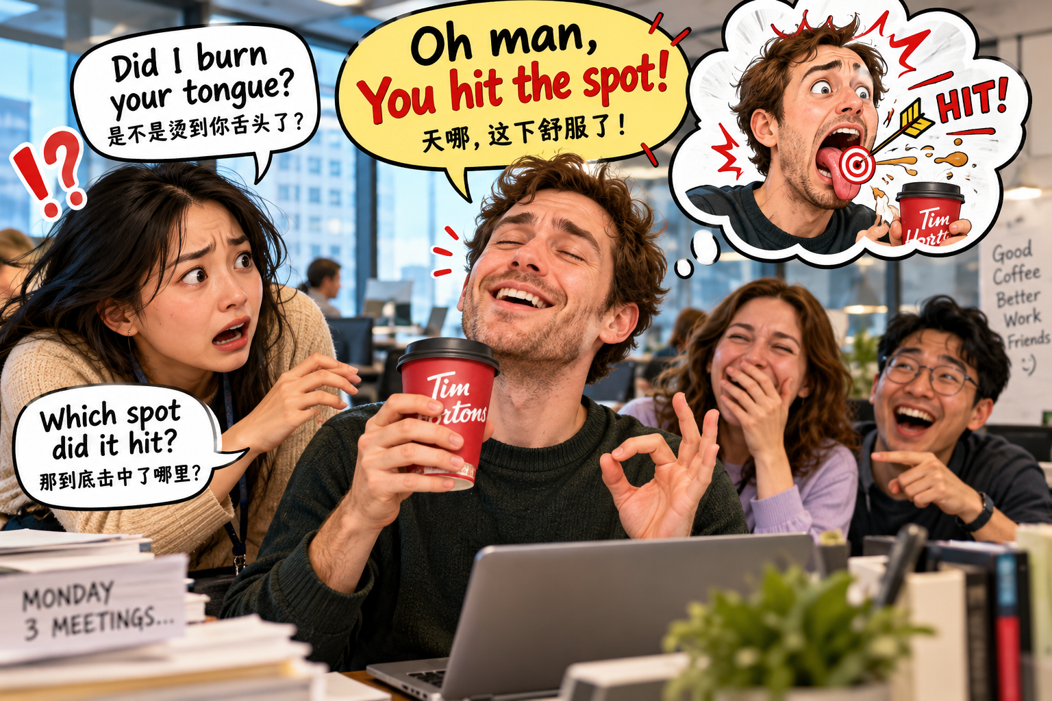 美剧说英语:you hit the spot - 加拿大办公室请同事喝咖啡,他说“You hit the spot”,我差点以为闯祸了……